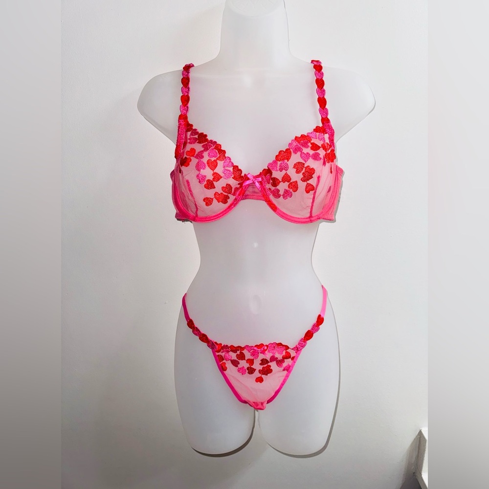 New Pink and Red Heart Print Lingerie Set